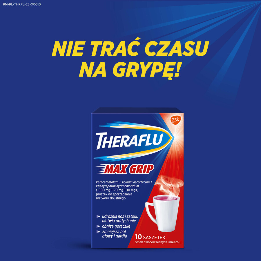 Theraflu Max Grip 1000 mg + 70 mg + 10 mg, poeder voor orale oplossing, smaak van bosvruchten en menthol, 10 sachets 