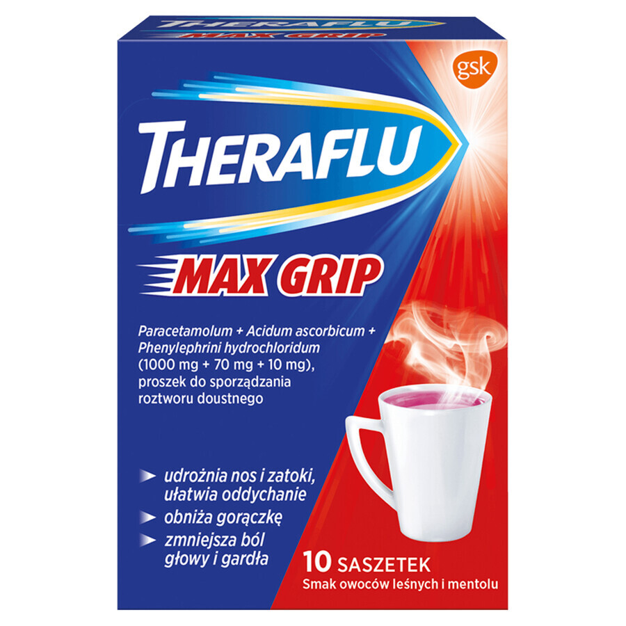 Theraflu Max Grip 1000 mg + 70 mg + 10 mg, poeder voor orale oplossing, smaak van bosvruchten en menthol, 10 sachets 