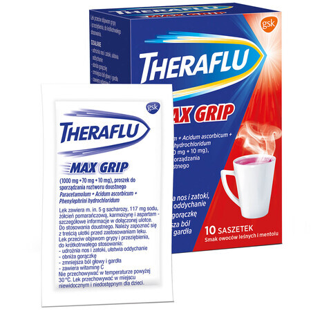 Theraflu Max Grip 1000 mg + 70 mg + 10 mg, poeder voor orale oplossing, smaak van bosvruchten en menthol, 10 sachets 