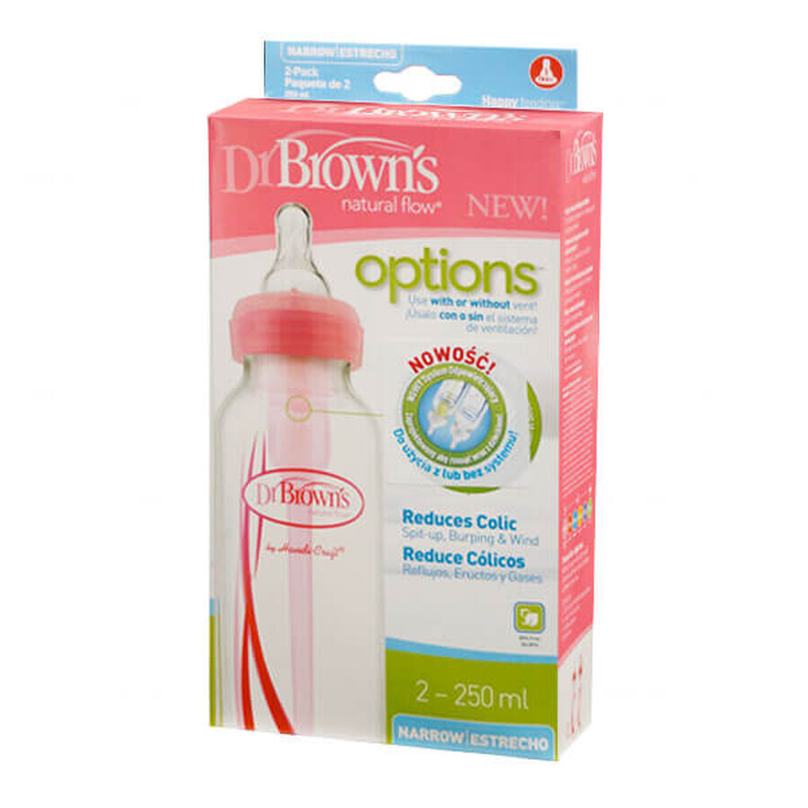 Dr. Brown's, fles, standaard opties met speen nr. 1, roze, 2 x 250 ml