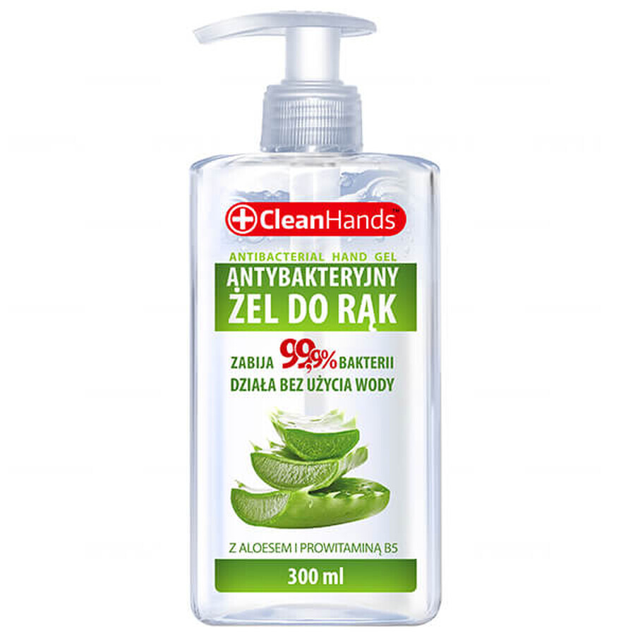 CleanHands, gel de mâini antibacterian cu aloe vera și provitamina B5, cu pompă, 300 ml 