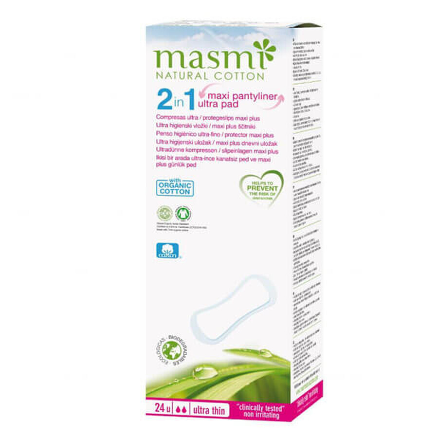 Masmi Natuurkatoen, biologisch katoenen maandverband, 2in1 Zacht, ultra-absorberend, 24 stuks