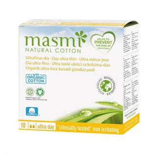 Masmi Natural Cotton, serviettes hygiéniques en coton biologique, avec ailettes, jour, ultra-fines, 10 pièces