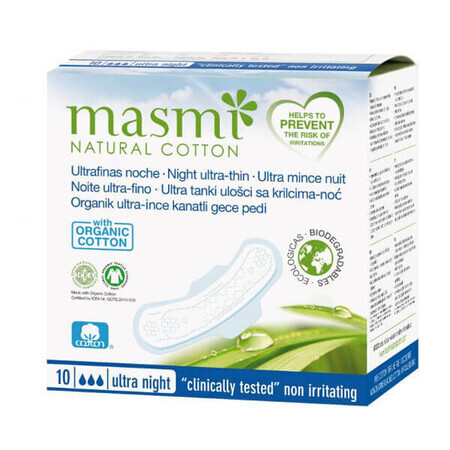 Masmi Natural Cotton Organic Cotton Winged Nighttime Ultra Thin Sanitary Napkins 10 Count