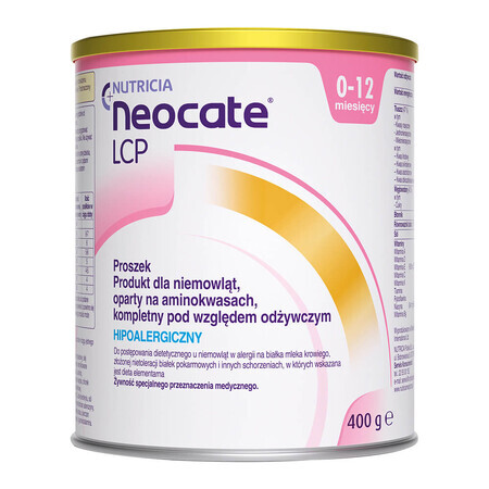 Neocate LCP, 0-12 mesi, 400 g per lattanti con allergia alle proteine del latte vaccino e intolleranza complessa