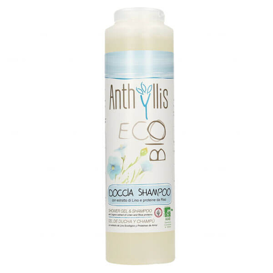 Anthyllis EcoBio, shampooing et lotion de douche 2 en 1 à l'extrait de lin et aux protéines de riz, 250 ml