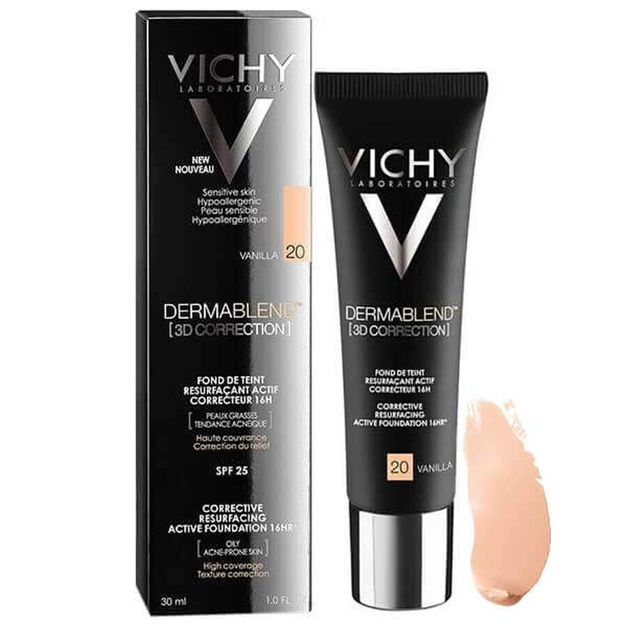 Vichy Dermablend Correzione 3D, fondotinta livellante della superficie cutanea, n. 20, Vaniglia, 30 ml