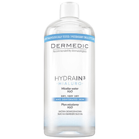 Dermedic Hydrain 3 Hialuro, Micellaire Lotion H2O, vochtarme en droge huid, 500 ml