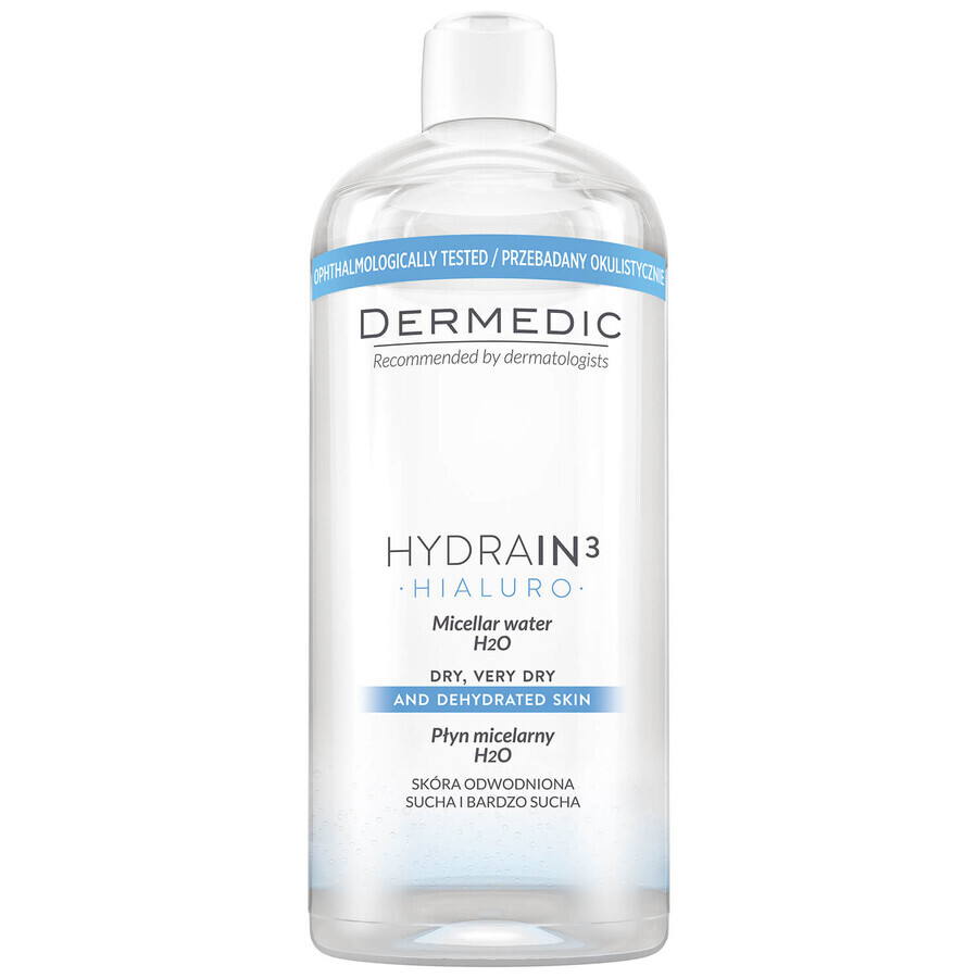 Dermedic Hydrain 3 Hialuro, fluide micellaire H2O, peaux déshydratées et sèches, 500 ml