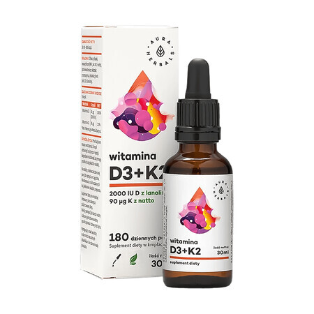 Aura Herbals, Vitamina D3 2000 UI, K2mk7, picături, 30 ml