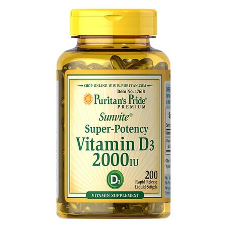 Puritans Pride, Vitamine D3 2000 IE, 200 capsules