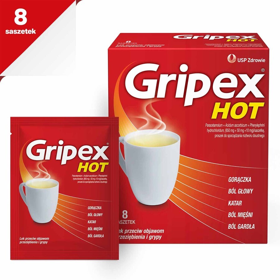 Gripex Hot 650 mg + 50 mg + 10 mg, poudre pour solution orale, 8 sachets