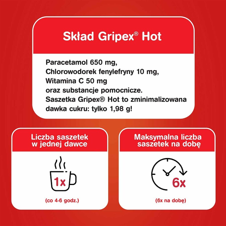 Gripex Hot 650 mg + 50 mg + 10 mg, poudre pour solution orale, 8 sachets