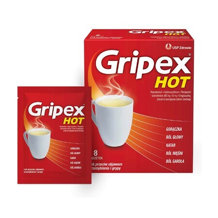 Gripex Hot 650 mg + 50 mg + 10 mg, poudre pour solution orale, 8 sachets