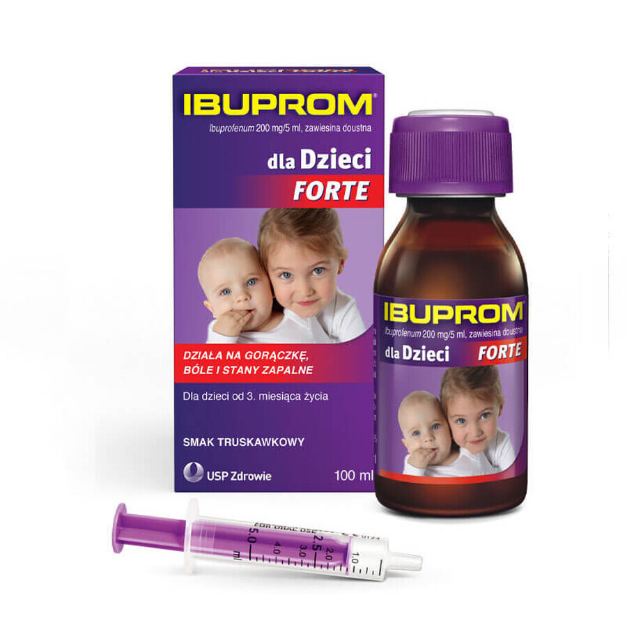 Ibuprom voor kinderen Forte 200 mg/ 5ml, orale suspensie vanaf 3 maanden, aardbeiensmaak, 100 ml