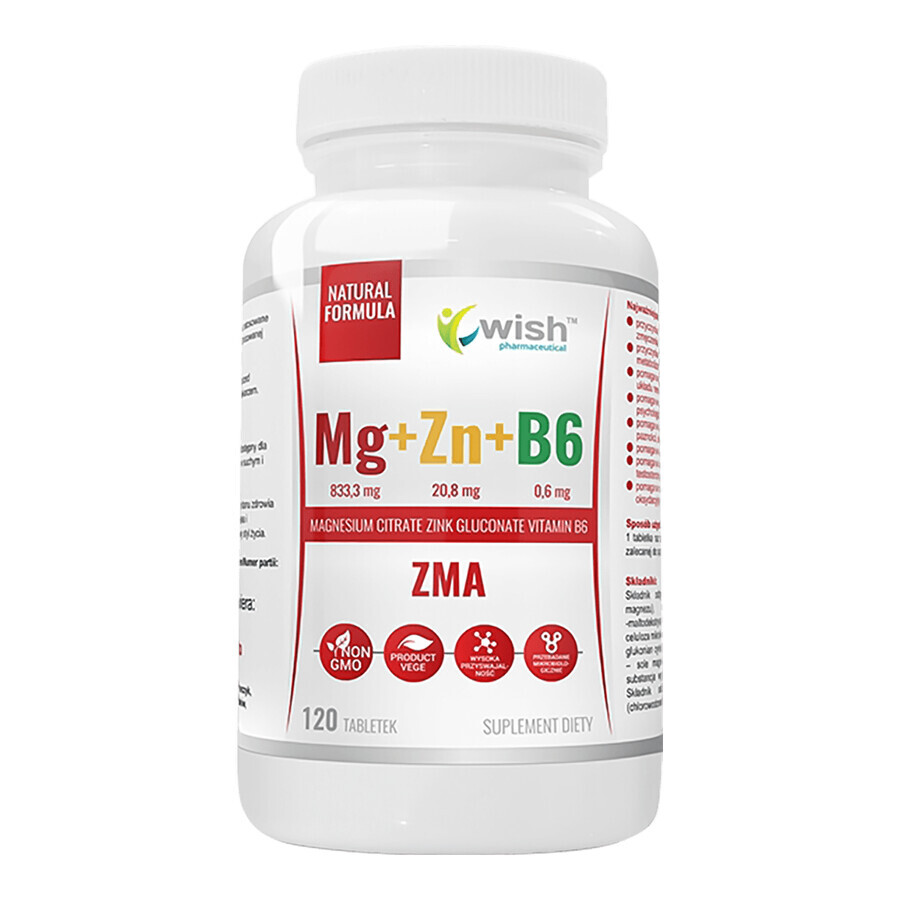 Wish Mg + Zn + B6 ZMA, magnésium, zinc, vitamine B6, 120 comprimés