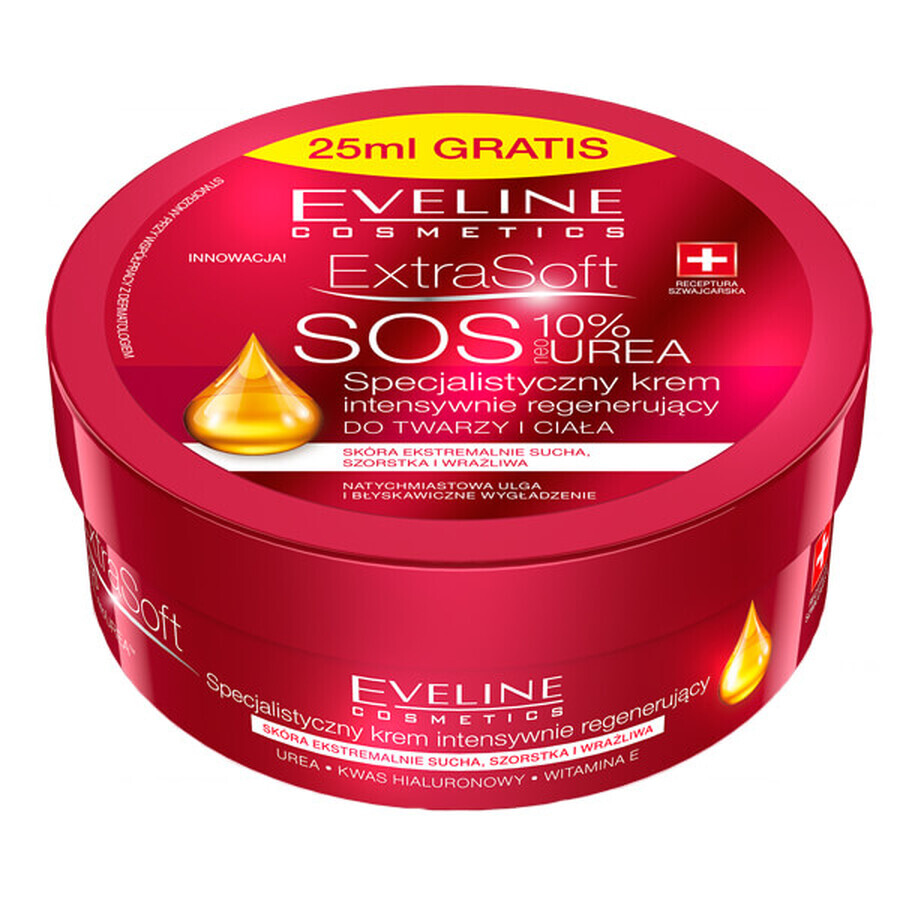 Eveline Cosmetics Extra Soft SOS, crema regeneradora intensiva especializada, para rostro y cuerpo, 10% urea, 200 ml