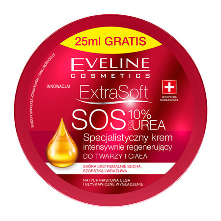 Eveline Cosmetics Extra Soft SOS, crema regeneradora intensiva especializada, para rostro y cuerpo, 10% urea, 200 ml