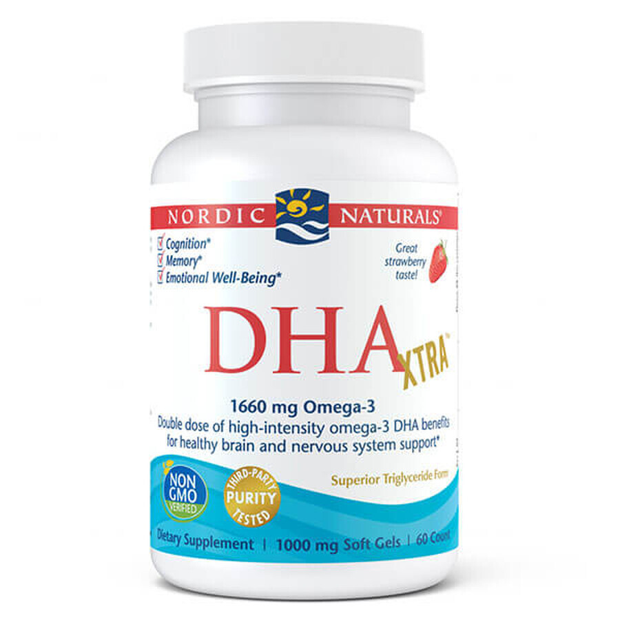 Nordic Naturals DHA Xtra, Omega-3 1660 mg, Strawberry Flavor, 60 Capsules