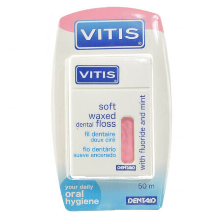 Vitis Mint Fluoride Soft Dental Floss, Pink, Waxed, 50m