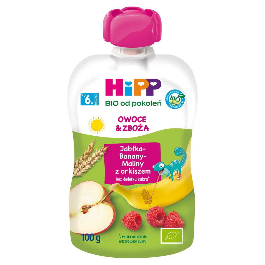 HiPP Fruits et Céréales Bio, pomme, banane, framboise à l'épeautre, après 6 mois, 100 g