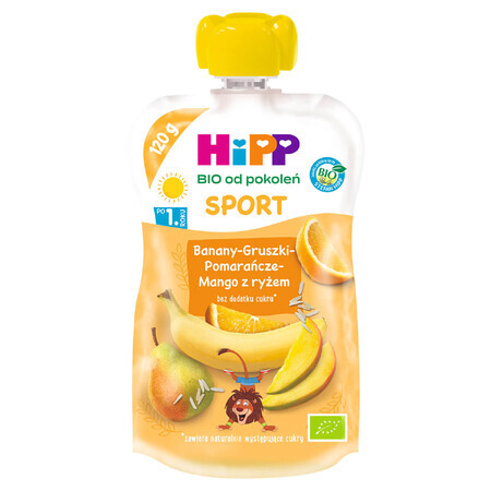 HiPP Sport Bio mousse de frutas, plátano, pera, naranja, mango con arroz, después de 1 año, 120 g