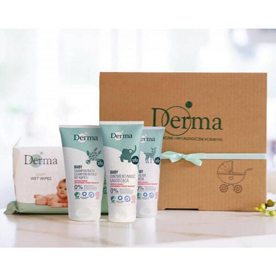 Derma Eco Baby, pomada calmante, 100 ml + crema de cuidado, 100 ml, + champú-jabón, 150 ml + toallitas húmedas, 64 unidades