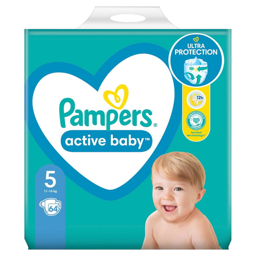 Pampers Active Baby, pañales, talla 5, 11-16 kg, 64 piezas