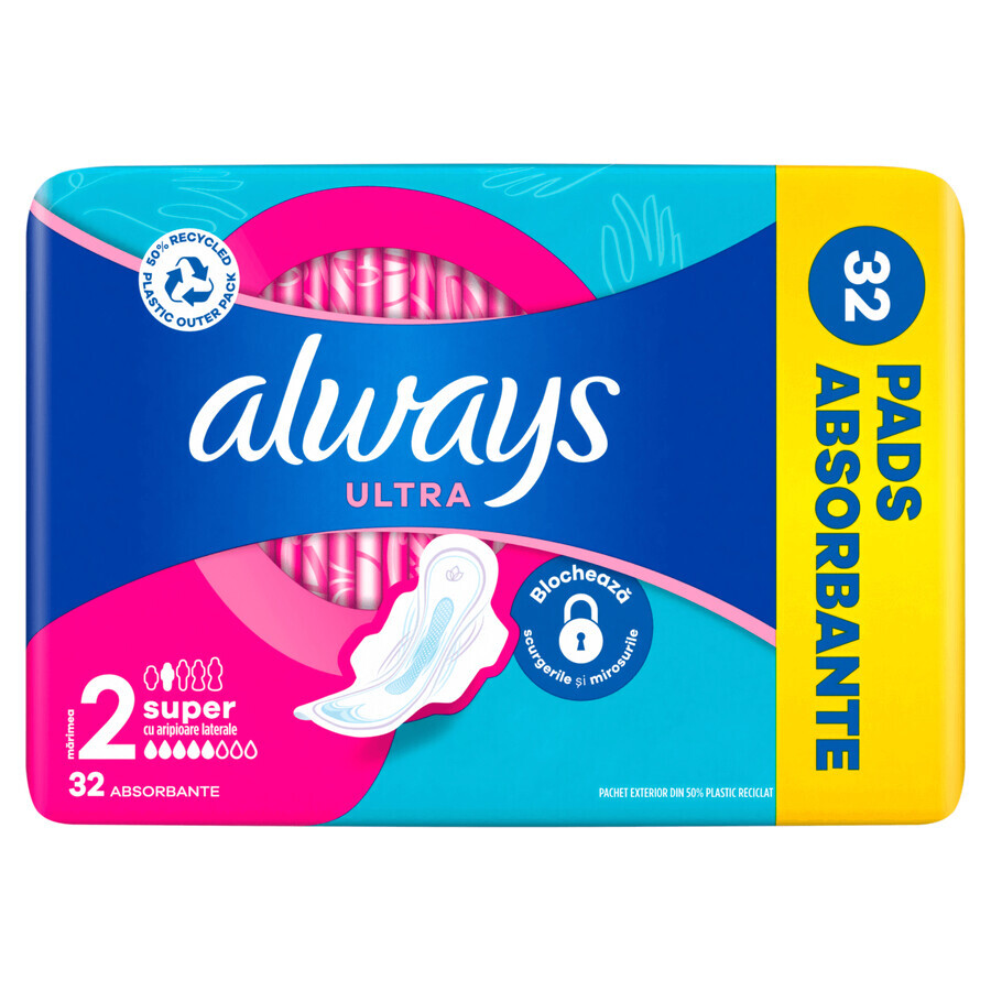 Always Ultra, serviettes hygiéniques avec ailettes, taille 2, Super, 32 pièces