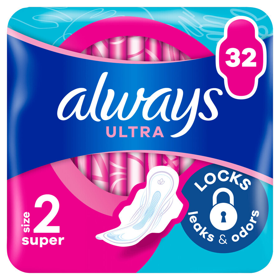 Always Ultra, serviettes hygiéniques avec ailettes, taille 2, Super, 32 pièces