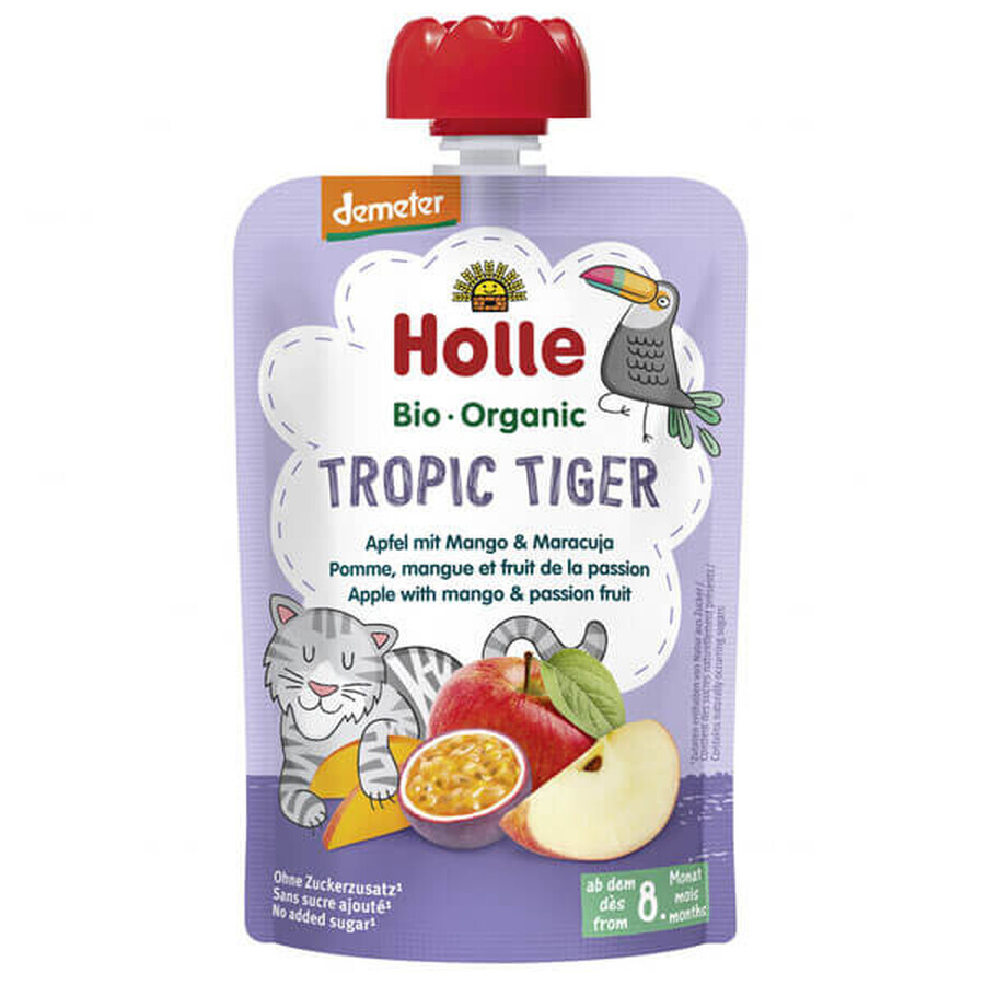 Holle, Mousse de frutas en tubo, Tropic Tiger, manzana con mango y fruta de la pasión, después de 8 meses, 100 g