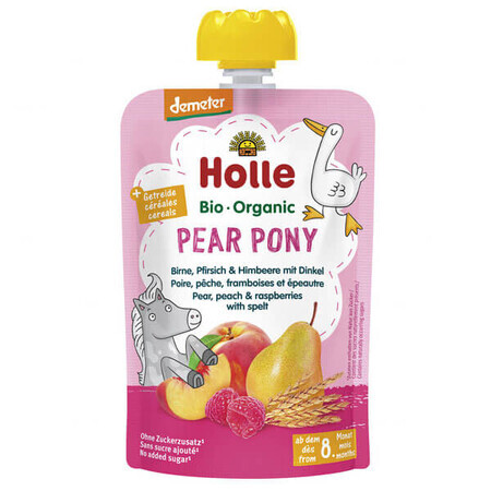 Holle, Mousse di frutta in tubetto, Pear Pony, pera, pesca e lampone, dopo 8 mesi, 100 g