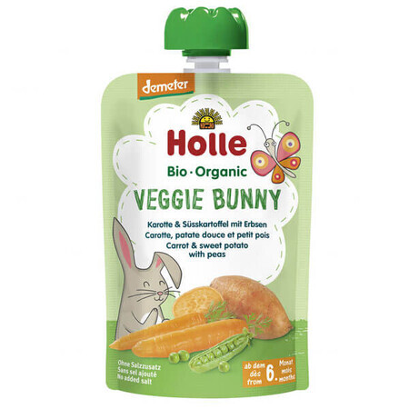 Holle Bio Veggie Bunny, groentemousse in een tube, wortel, zoete aardappel, erwten, na 6 maanden, 100 g