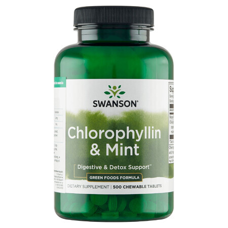 Swanson Chlorophyllin &amp; Mint, clorofilă cu mentă, 500 comprimate masticabile