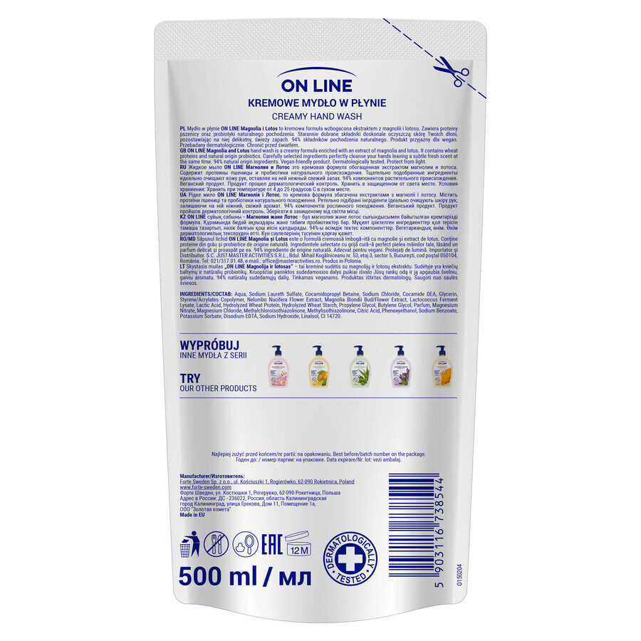 On Line, sapone liquido in crema, Magnolia e Loto, scorta, 500 ml