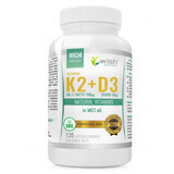 Wish, Vitamina K2 MK-7 Natto 100 µg + Vitamina D3 2000 UI 50 mcg + ulei MCT, 120 capsule