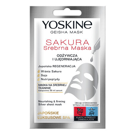 Yoskine Geisha Mask Sakura, masque en tissu argenté, nourrissant et raffermissant, 20 ml