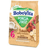 BoboVita Porcja Zbóż pap 3 granen, framboos, aardbei, banaan, melk, geen suiker toegevoegd, na 6 maanden, 210 g