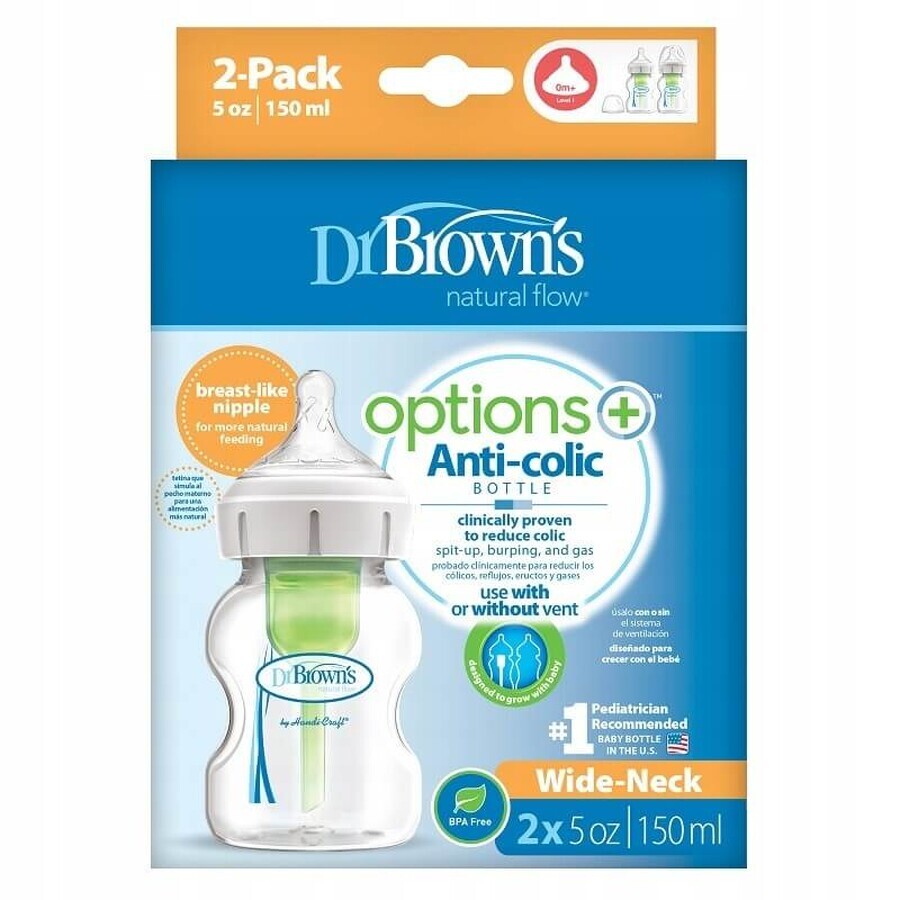 Dr Browns Options+, anti-colic fles, wijdhals, met speen, 2 x 150 ml