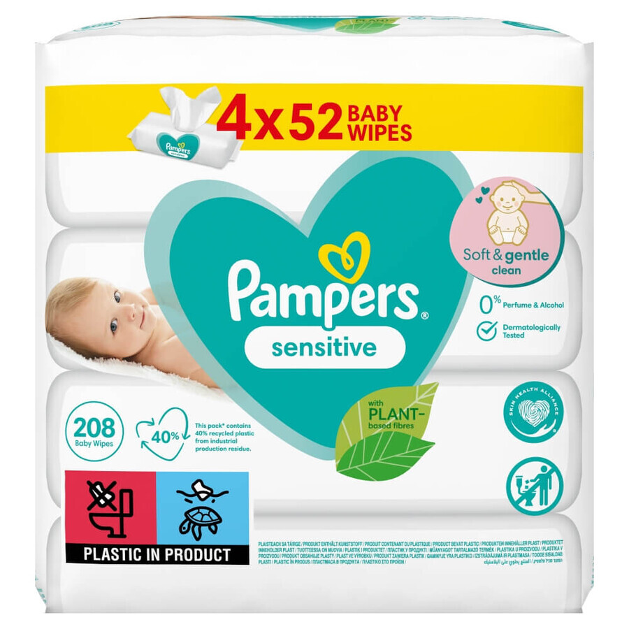 Pampers Sensitive, vochtige doekjes, 4 x 52 stuks