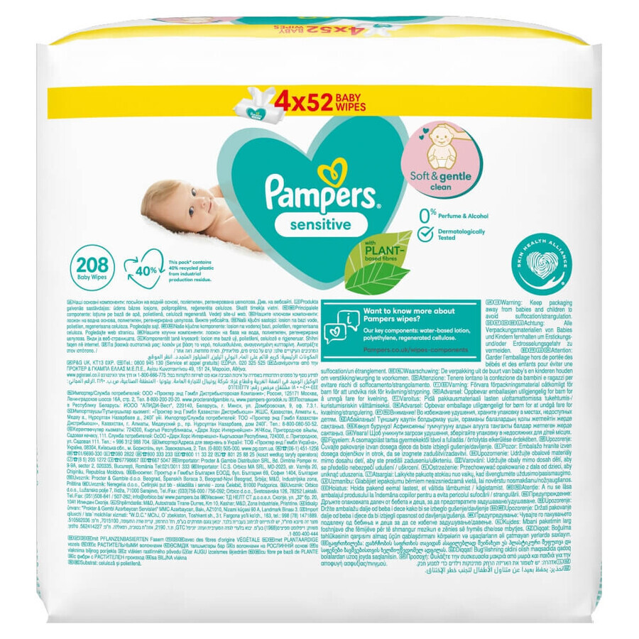 Pampers Sensitive, vochtige doekjes, 4 x 52 stuks