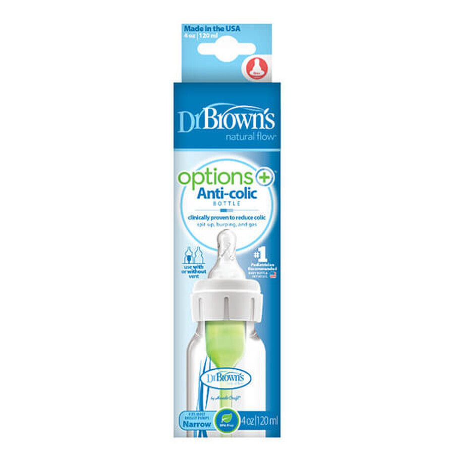 Dr. Brown's, antikoliekfles standaard Opties + smalle hals, met 0m+ speen, 120 ml