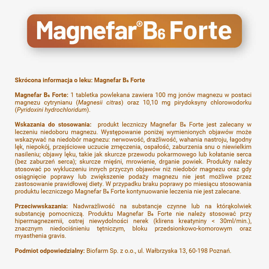 Magnefar B6 Forte 100 mg + 10.10 mg, 60 film-coated tablets