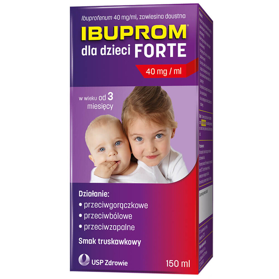 Ibuprom für Kinder Forte 200 mg/ 5 ml, Suspension zum Einnehmen, ab 3 Monaten, Erdbeergeschmack, 150 ml