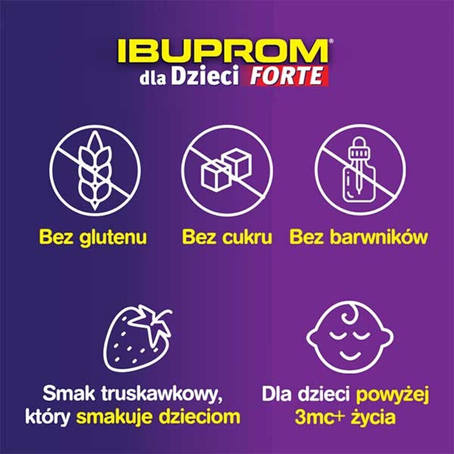 Ibuprom für Kinder Forte 200 mg/ 5 ml, Suspension zum Einnehmen, ab 3 Monaten, Erdbeergeschmack, 150 ml