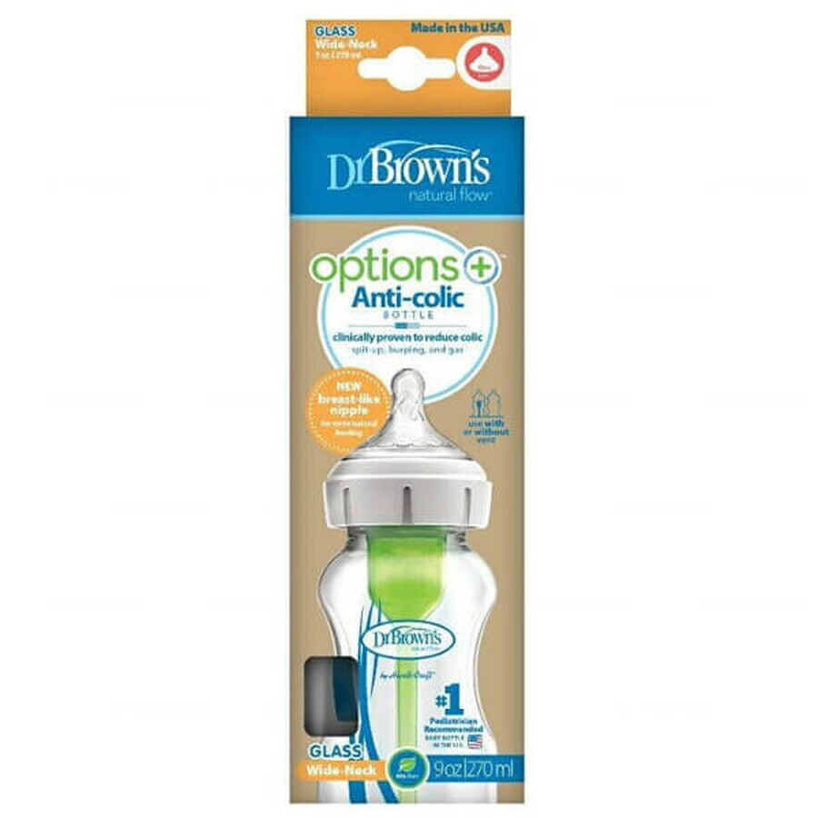 Dr. Brown's Options+, zuigfles, glas, wijdhals, met speen, niveau 1, 0-3 maanden, 270 ml