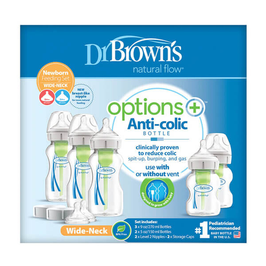 Dr Brown's Options+, set iniziale grande, biberon anticolica standard, collo largo, 3 x 270 ml + 2 x 150 ml