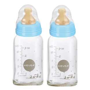 Hevea, glazen fles met rubberen speen, medium flow, blauw, 3-24 maanden, 2 x 120 ml
