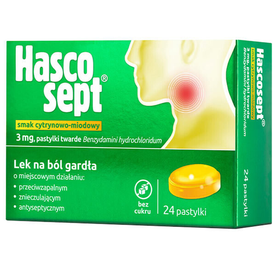 Hascosept 3 mg, lemon and honey flavor, 24 hard tablets