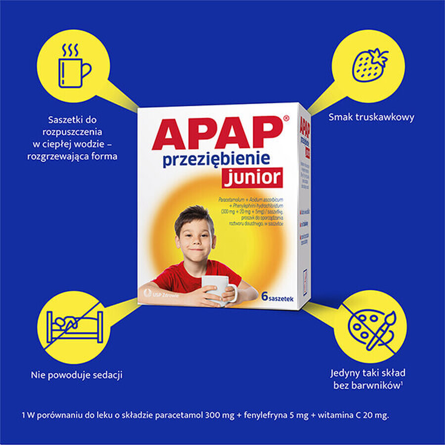 Apap Przeziębienie Junior 300 mg + 20 mg + 5 mg, poeder voor orale oplossing, 6 sachets